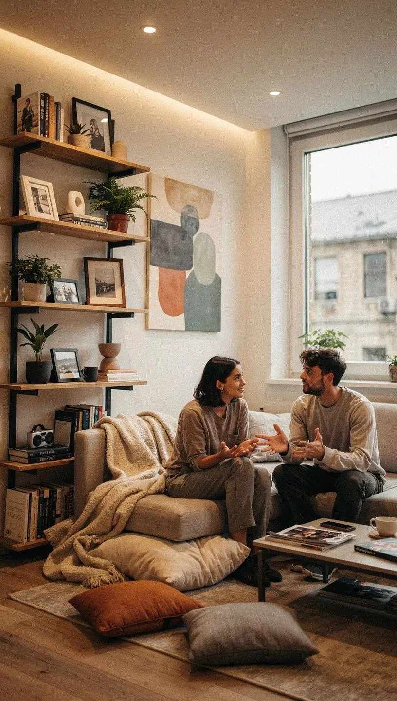 Stylowe oświetlenie w nowoczesnym wnętrzu małego apartamentu z przestronnymi szafkami