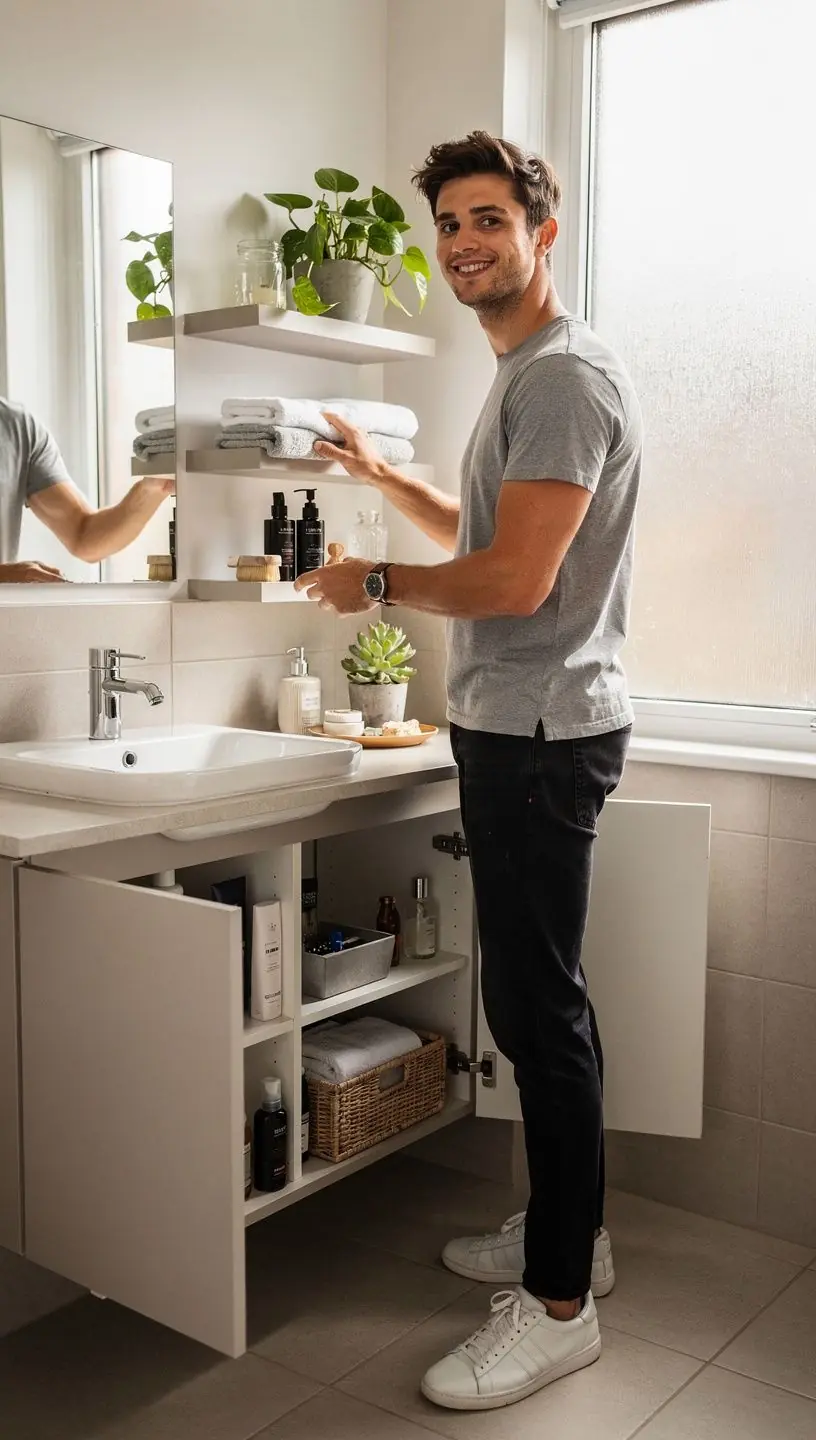 Przestronny salon w małym mieszkaniu z wielofunkcyjnymi meblami i ciepłym oświetleniem